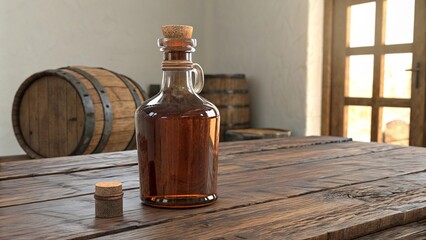 Old fashioned brown glass bottle with cork stopper vintage decorative elegant artistic high quality transparent aesthetic composition modern creative visual display