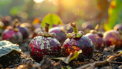 Close-up of ripe, round fruits with purple skin lying on the ground, illuminated by warm sunlight. Focus on textures and color