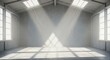 © ミンハジ - Mockup sunlight streaming through large windows and skylights into an empty, bright industrial loft space for commercial usage