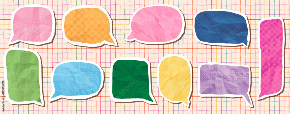 Colorful vector crumpled paper comic speech bubbles, cute empty text ...