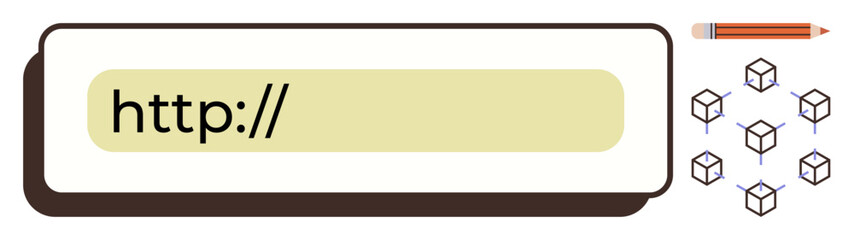Browser search bar starting with http alongside a pencil and cubes. Ideal for internet, web development, creativity, education, communication, digital strategy, innovation. Simple flat metaphor