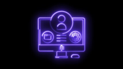 Glowing neon computer icon animation representing user settings and data management on dark background