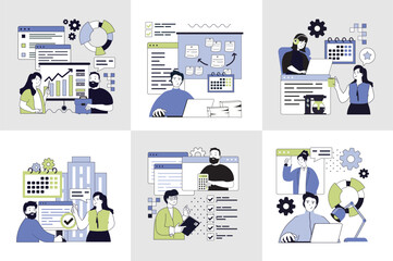 Wall Mural - Basic office concept set for web design. Collection with people working with chart reports, communicating in team, developing business, brainstorming, planning growth strategy. Vector illustration.