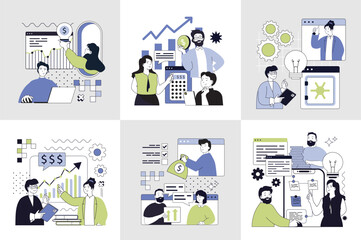 Wall Mural - business technology concept set for web design. collection with people analyzing finance data, plann