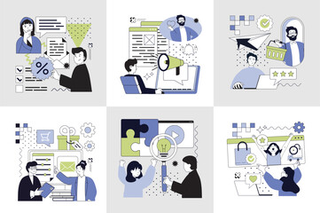 Wall Mural - digital content marketing concept set for web design. collection with people making online advertisi