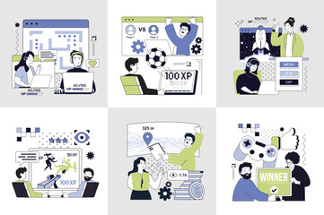 Wall Mural - e-sport and video game concept set for web design. collection with people playing shooter and other 