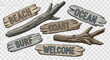 © Zarjan - A set of wooden signs with beach, ocean, coast, surf, and welcome written on them, along with driftwood pieces, evokes a coastal and welcoming atmosphere