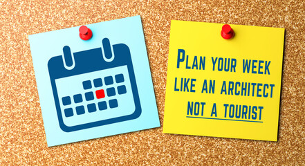 Wall Mural - Plan your week like an architect, not a tourist. Motivational quote on sticky note next to calendar icon pinned on cork board