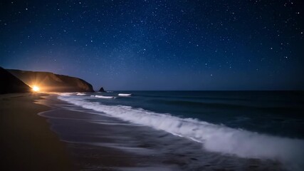 Wall Mural - Stars slowly traverse the sky above an illuminated coastline as ocean waves gently crash on the shore overhead, tranquil, movement