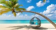© FarhanaSheri - Vector art of a relaxing hanging chair suspended from a palm tree on a tropical beach with turquoise water and blue sky
