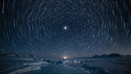 Wall Mural - Polaris appears as a fixed point while other stars swirl in arcs around it over an arctic icy landscape universe, movement, astrophotography