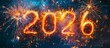 © tetxu - Happy New Year 2026 greeting banner with gold number and golden fireworks on night background