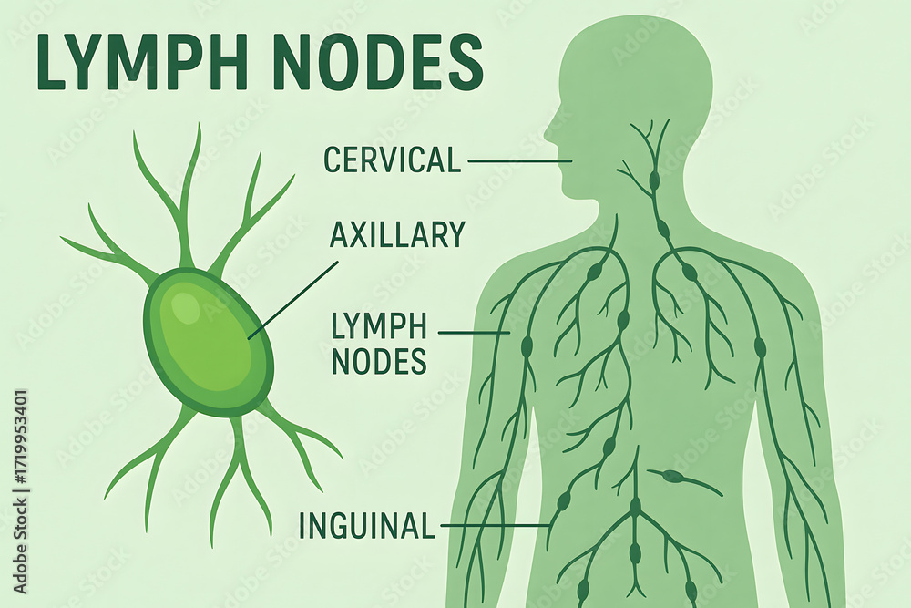 Lymph nodes anatomy illustration showing cervical axillary and inguinal ...