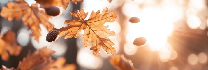 Wall Mural - flying autumn leaves and acorns in sunlight, seasonal banner with warm fall vibes