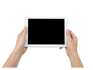 Hands holding a blank tablet computer displaying a black screen for creative use isolated on transparent background