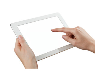 Hands holding bright tablet displaying white screen interactive touchscreen technology isolated on transparent background
