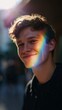 © Oleksandr - Radiant youth smiles with a colorful prism light effect, capturing a moment of joy and youthful energy in a soft-focused urban setting