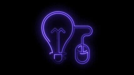 Glowing neon lightbulb connected to computer mouse on black background digital innovation concept