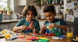 © Таня Андреева - Two cheerful boys constructing colorful rocket models using building blocks at kitchen table. Creative STEM play activity showcasing childhood imagination and learning.