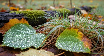 Wall Mural - Morning dew glistens on fallen autumn leaves and grass, creating a fresh, natural scene.