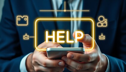 Businessman holding smartphone with HELP icon and digital communication symbols help support