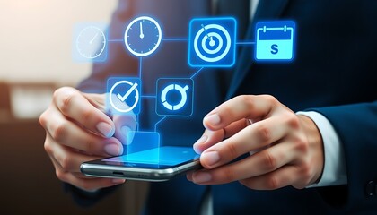 Businessman using smartphone with digital interface of time management icons technology mobile phone