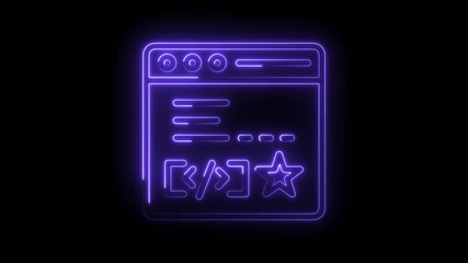 Neon style website design with code snippet and star isolated on black background animation