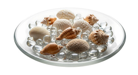 A clear glass plate filled with an assortment of seashells and clear glass beads, isolated on transparent background, creating a serene and decorative display suitable for home decor or spa settings