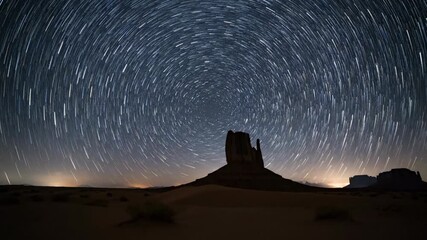 Wall Mural - Dazzling star trails arc across a vast desert landscape under the night sky, a breathtaking celestial timelapse wonder infinity, space, night