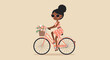 © Mimi - Minimalist vector illustration of an Indian woman in shorts and polka dot top riding a bicycle with flowers in basket, smiling happily, on cream background in simple flat design style