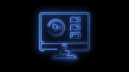 Glowing neon computer screen displaying video player interface against a black background
