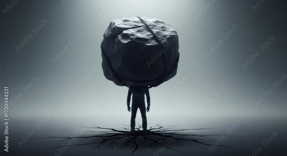 Man carries a heavy rock on his shoulders. Concept of burden, stress ...