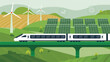 © Megla - Vector art of highspeed train powered by renewable energy sources like solar and wind