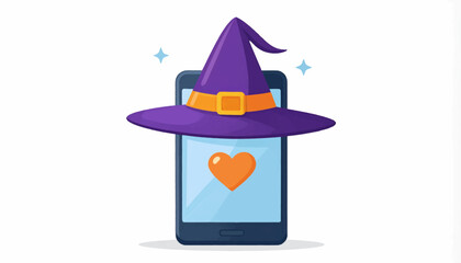 Enchanted digital love A smartphone wearing a mystical witch's hat with a glowing heart, representing whimsical online dating or magical app experiences