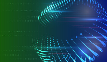 Wall Mural - Abstract digital background with glowing blue lines, dots, and a spherical shape on a green and dark gradient. Perfect for technology, innovation, and futuristic design concepts.