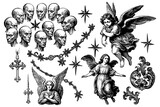 Vintage engraving set with skulls, angels, stars and ornamental crosses, Transparent Background