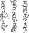 © karib009 - Line art icons of a cowgirl in various poses with horse and lasso drawing