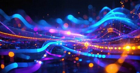 Wall Mural - abstract vibrant waves, glowing lines, blurred lights create dynamic digital landscape. intense colo