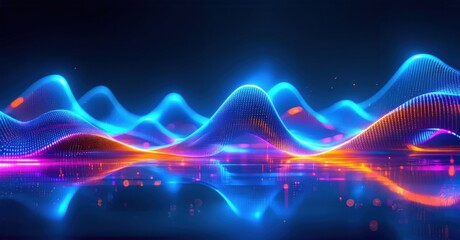 Wall Mural - Abstract waves, vibrant colors, digital illustration. Glowing lines create dynamic energy, futuristic aesthetic. Deep blue dominates background.