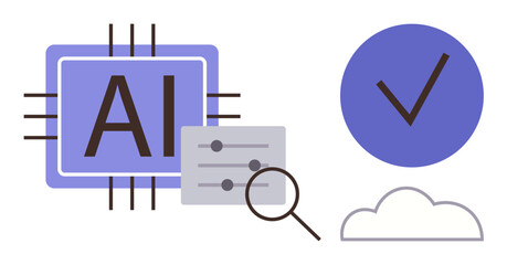 AI microchip, magnifying glass, control sliders, cloud, and checkmark for technology, machine learning, innovation, automation cloud computing software optimization and security. A simple flat