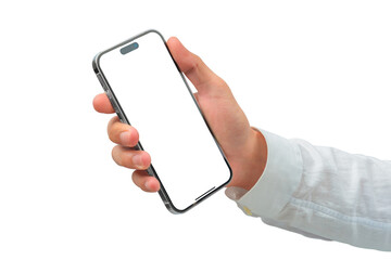 Hand showing smartphone with blank screen isolated.	