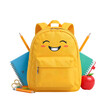 © SHAHIN - Yellow backpack with a laughing face and school supplies on a transparent background. transparent background school bag emoji isolated on a transparent background