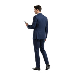 Professional man in navy suit using smartphone, isolated on transparent backdrop