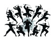 © Dhalu - Dynamic collection of ninjas in action poses with swords displayed in a stylized silhouette against a white background