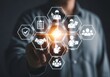 © ARdesignAi - Person touching a digital interface displaying various industry and service icons