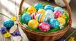 © Garangan - A charming wicker basket overflowing with vibrantly colored Easter eggs, nestled amongst spring flowers, creates a joyful and festive scene.