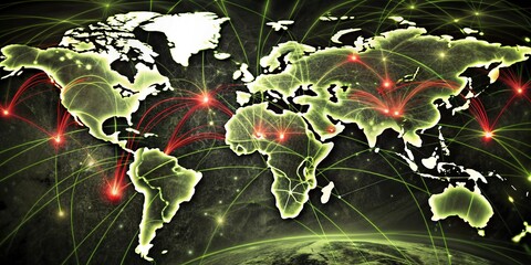 Wall Mural - Global network connections over the globe 3D rendering elements of this image furnished World map with red network connections. Global communication concept.