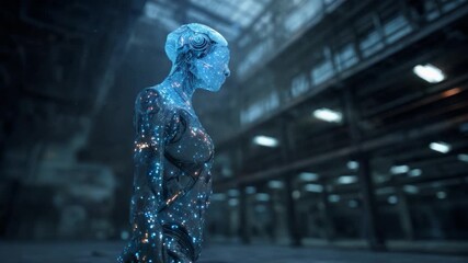 A futuristic depiction of a humanoid robot in a dimly lit industrial environment, showcasing intricate details and a shimmering, data-like texture that emphasizes its technological nature.