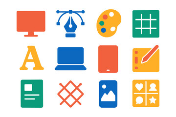 Colorful flat design icons for graphic design and digital art