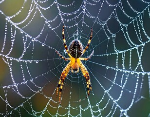 Spider in intricate web with dew drops